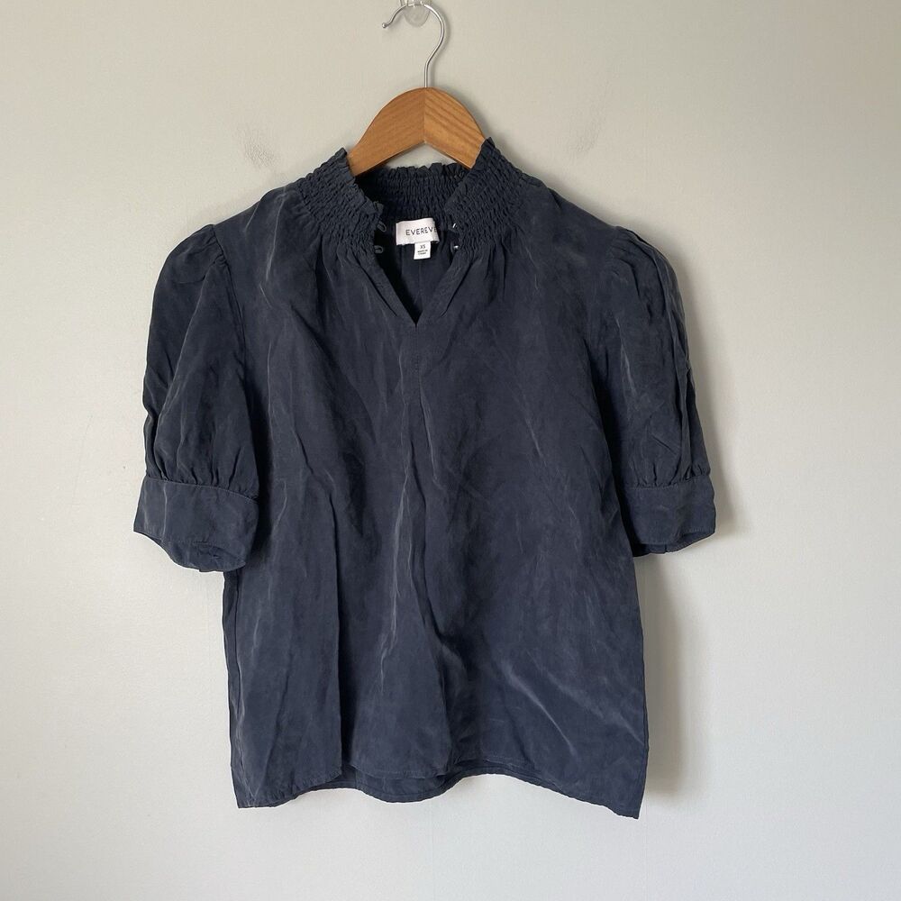 EVEREVE Blouse Top Navy Blue Gray Cuprio Viscose Blend Women's Size XS
